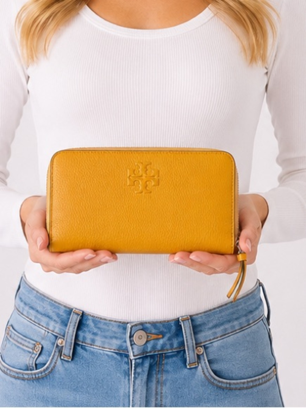 Tory Burch Mustard Yellow Leather Zip Wallet
